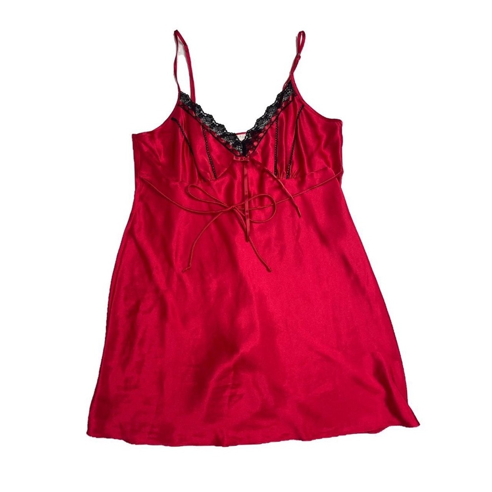 California Dynasty vintage red satin lingerie slip with black lace/details